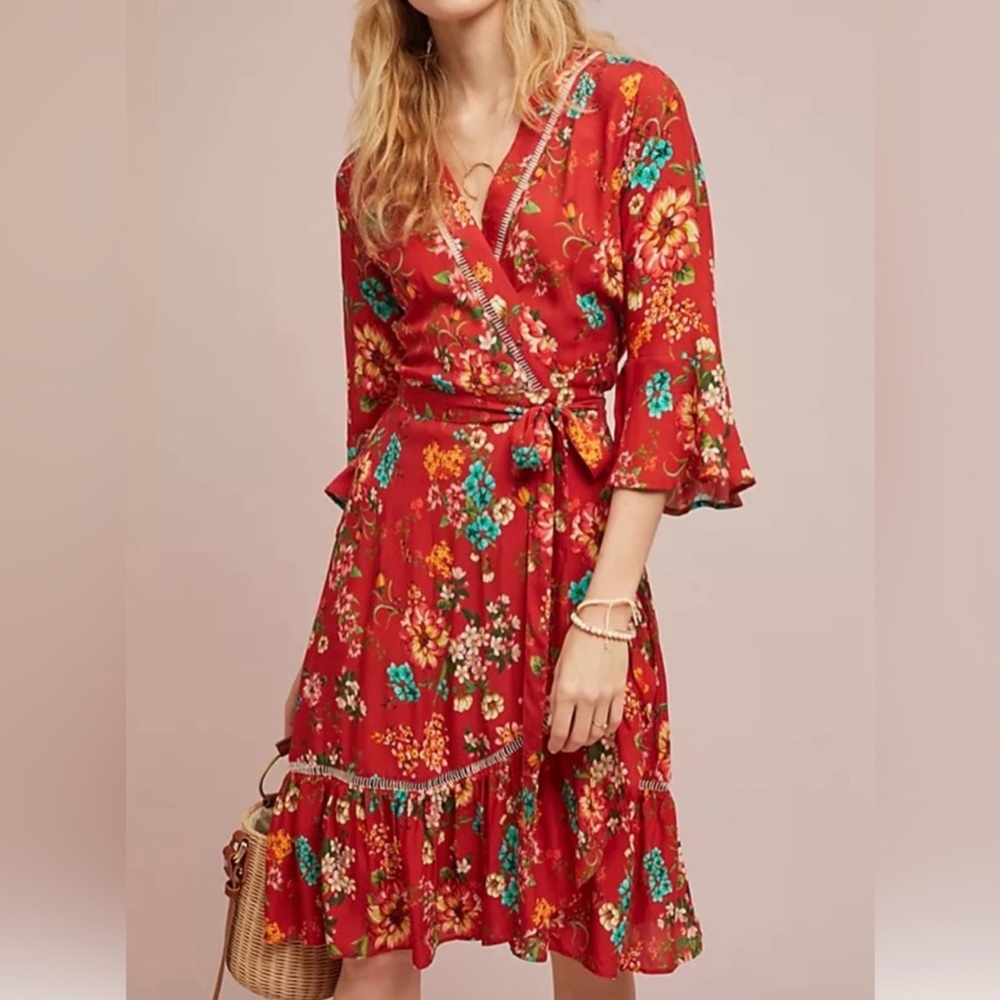 Farm Rio-Red Kenzie floral wrap dress with  bell sleeves and flounce hem.Size XS